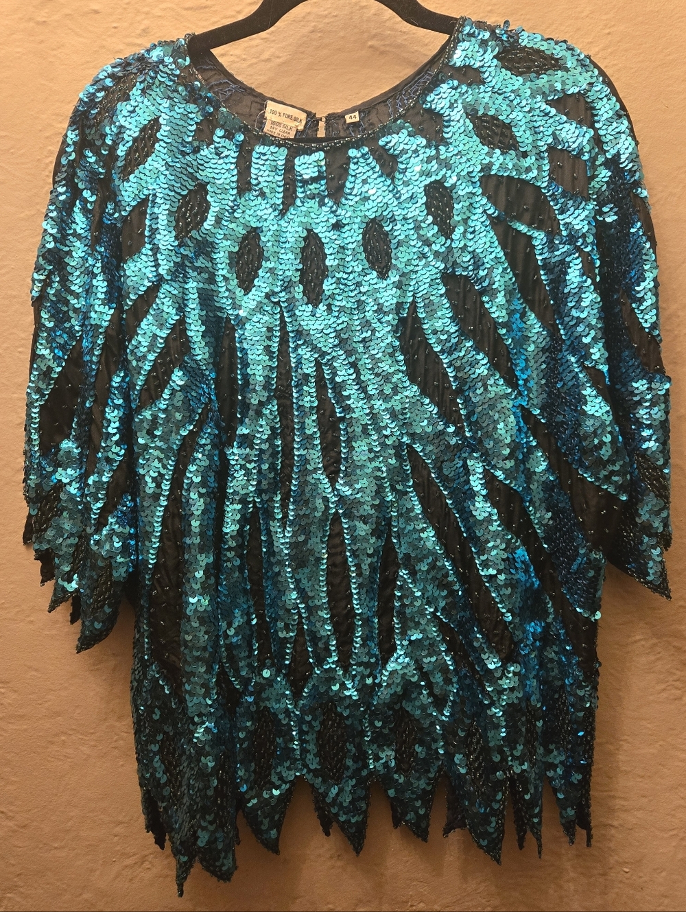 Vintage Silk Sequin Top Teal Black Beaded Party Statement Blouse